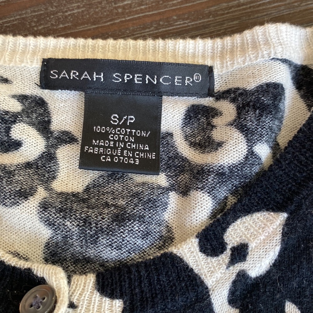 Sarah Spencer, ladies cotton button up cardigan in black and white.